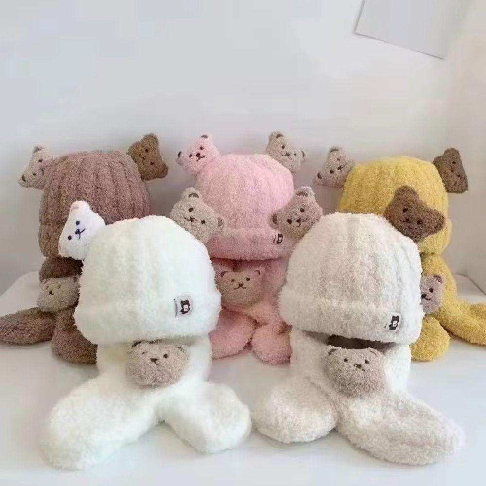 Korean Style Bear Scarf Hat Set Cute Kids Crochet Hat Children's Ear Protection Hat Outdoor