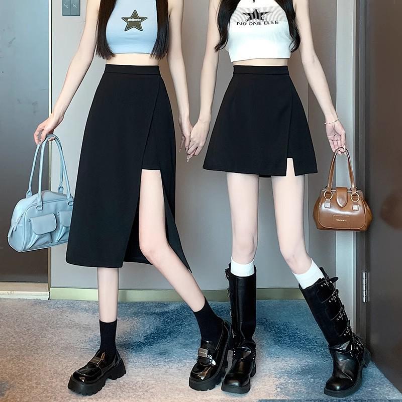 Женская черная юбка с неровным разрезом А-силуэта – средней длины, защищает от воздействия солнечных лучей, идеально подходит для весны и лета