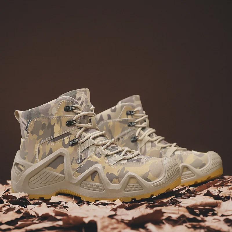 Men's Camouflage Oxford Waterproof Tactical Boots - Non-Slip, Large Size (45, 46) for Outdoor Rock Climbing & Hiking.