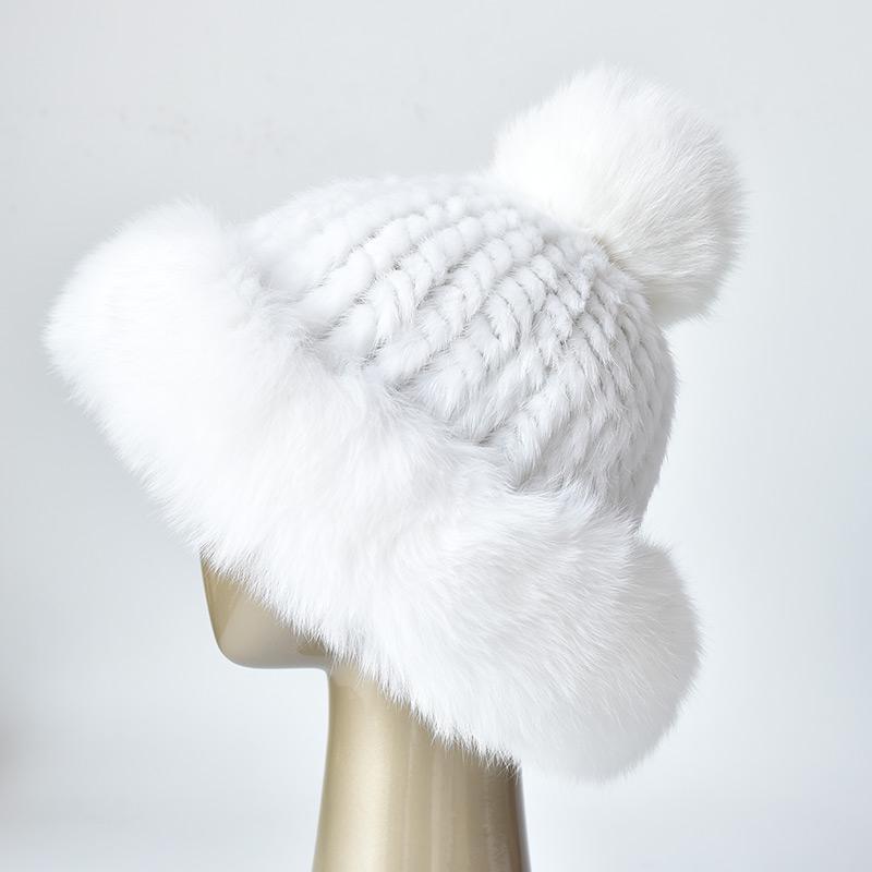 Genuine Mink Fur Beanie Hat Winter Womens Fox Brim Hats Thick Warm Fox Fur Caps With Pompom Fashion Fur Knit Beanies