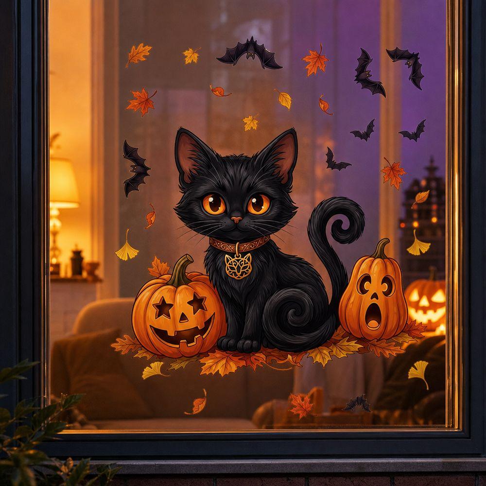 Static Cling Black Cat Window Sticker Removable Window Cling Sticker Halloween Decor