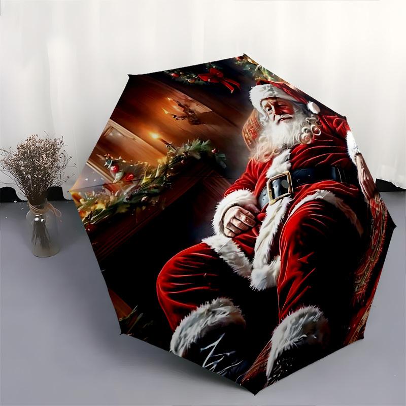 1pc Christmas Santa Claus Automatic Opening/Closing Umbrella, Festive Gift for Fans, Travelers & Daily Use, Portable 3-Fold Design with Iron Frame, Ou