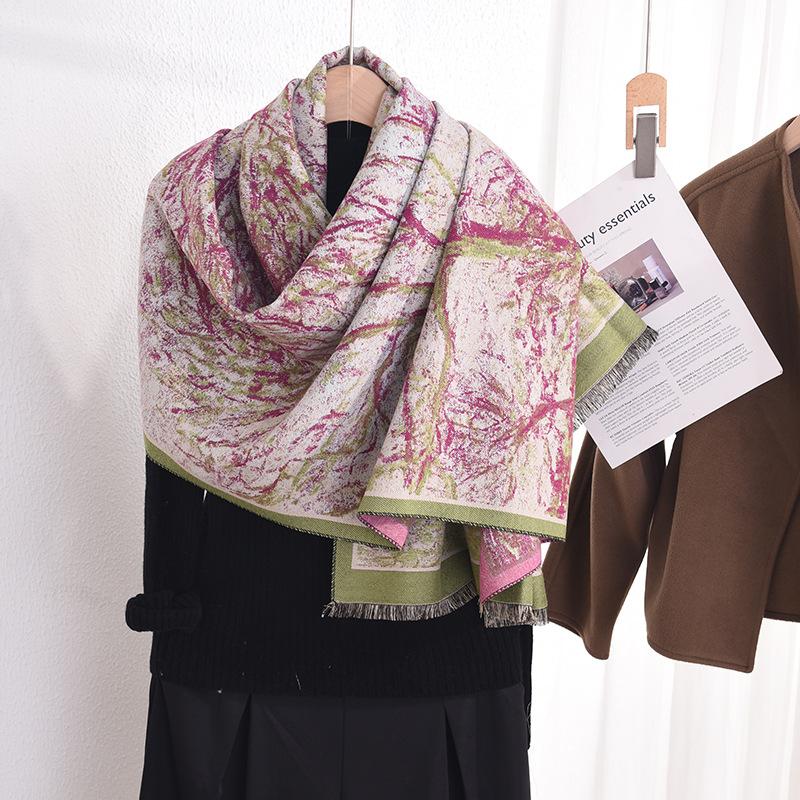 Korean Style Fashionable Rural Scenery Big Tree Printed Temperament Scarf Women's Long Warm and High End Imitation Cashmere Shawl