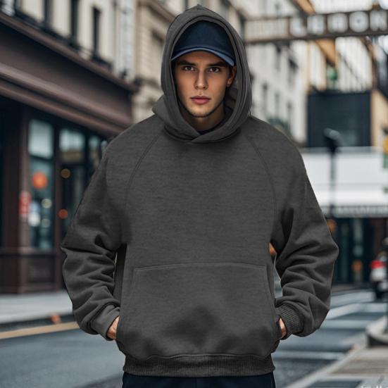 Men Hoodie Solid Color Sweatshirt with Hood Large Front Pocket Thickened Warm Pullover for Autumn Winter Street Sports Wear