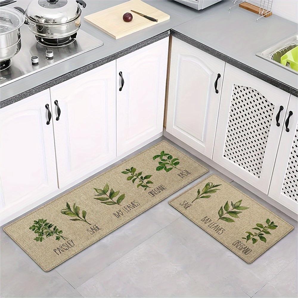2pcs Set Green Leaf Design Kitchen Mat, Anti-Slip Runner Rug, Laundry Room, Bathroom, Outdoor and Indoor Home Decor