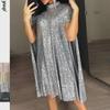 2025 Spring European-American Stand Collar Sequin Dress for Women