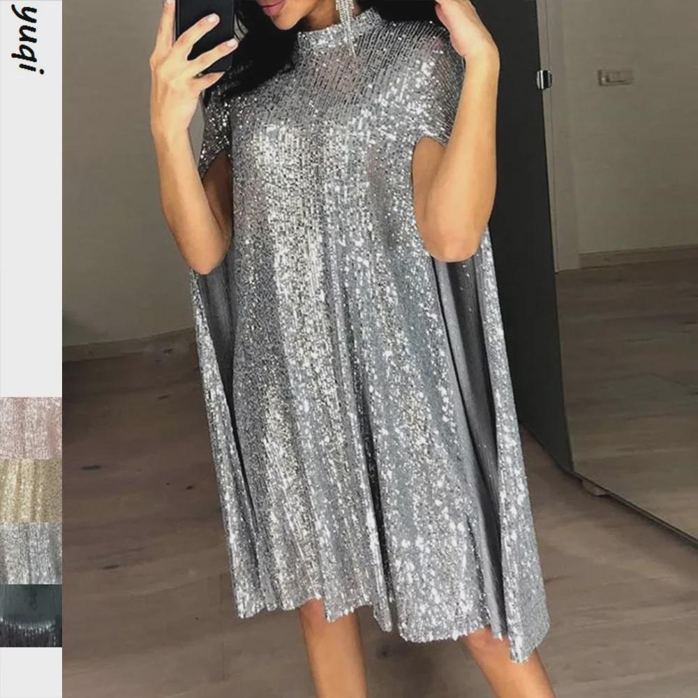 2025 Spring European-American Stand Collar Sequin Dress for Women
