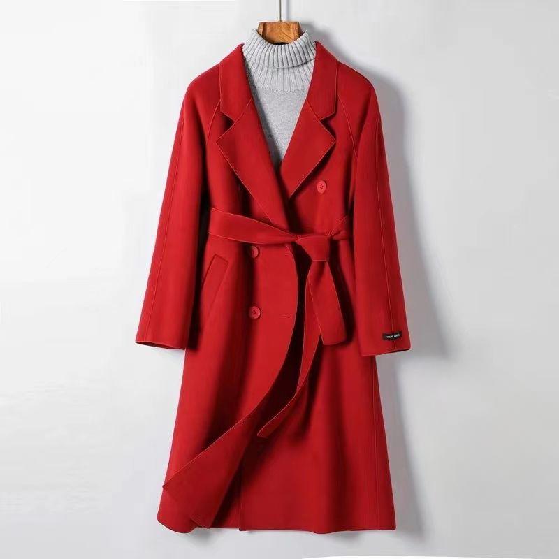 Теплое и модное однотонное шерстяное пальто для женщин с поясом на осень и зиму