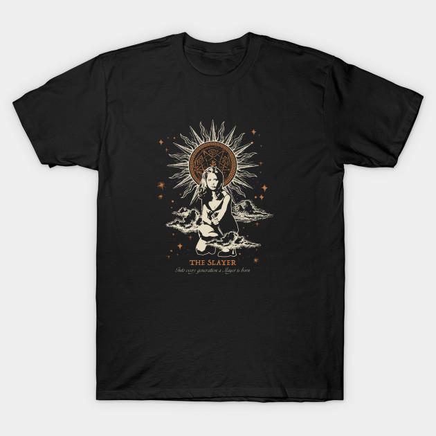 Men Black Print T-shirt Buffy The Vampire Slayer The Slayer Vintage Tarot No-Cut Transfer Paper Print Cotton Tshirt