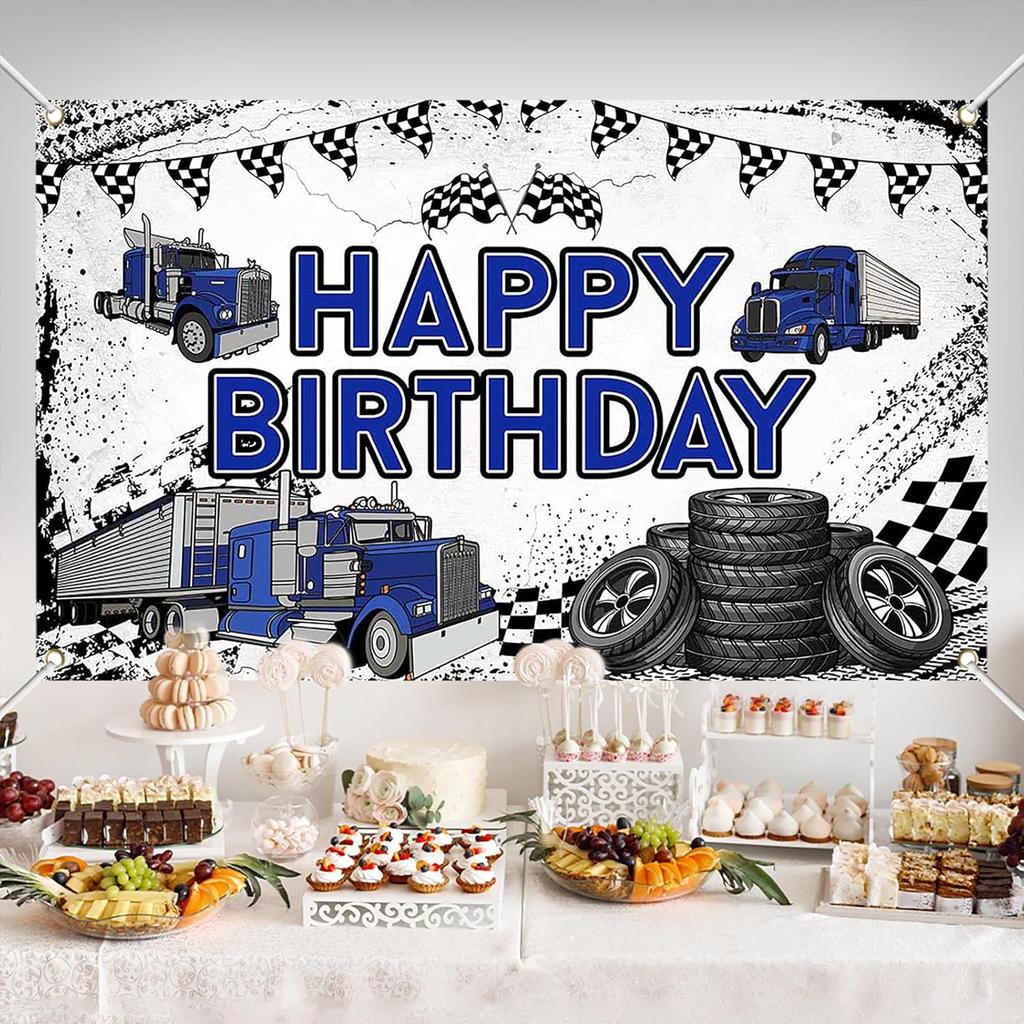 Truck Theme Birthday Banner, 70.8x43.3 Inch, Blue Happy Birthday Party Decoration, Polyester Material, Realistic Truck Design