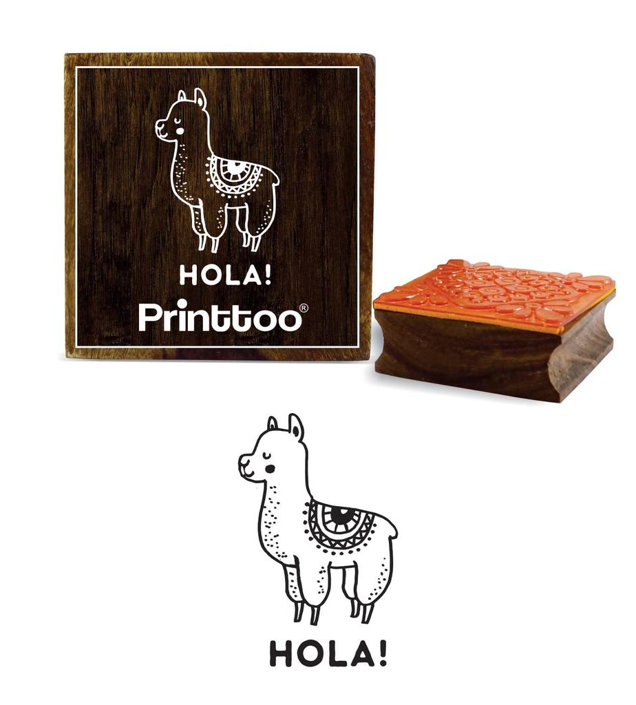 Printtoo Llama Animal & Hola Word Design Square Wooden Rubber Stamp Diary Card-2 x 2