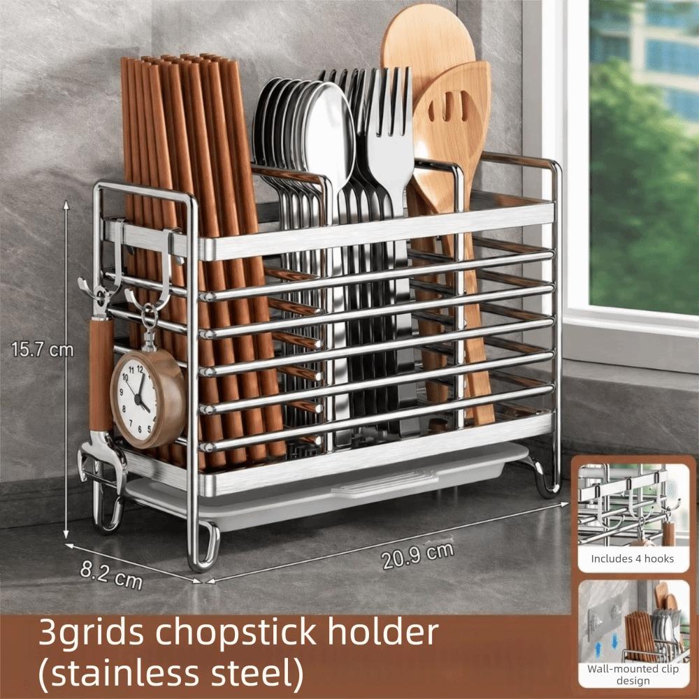 No-Drill Chopstick Holder Rack Stainless Steel Cutlery Rack Kitchen Cutlery Organizer