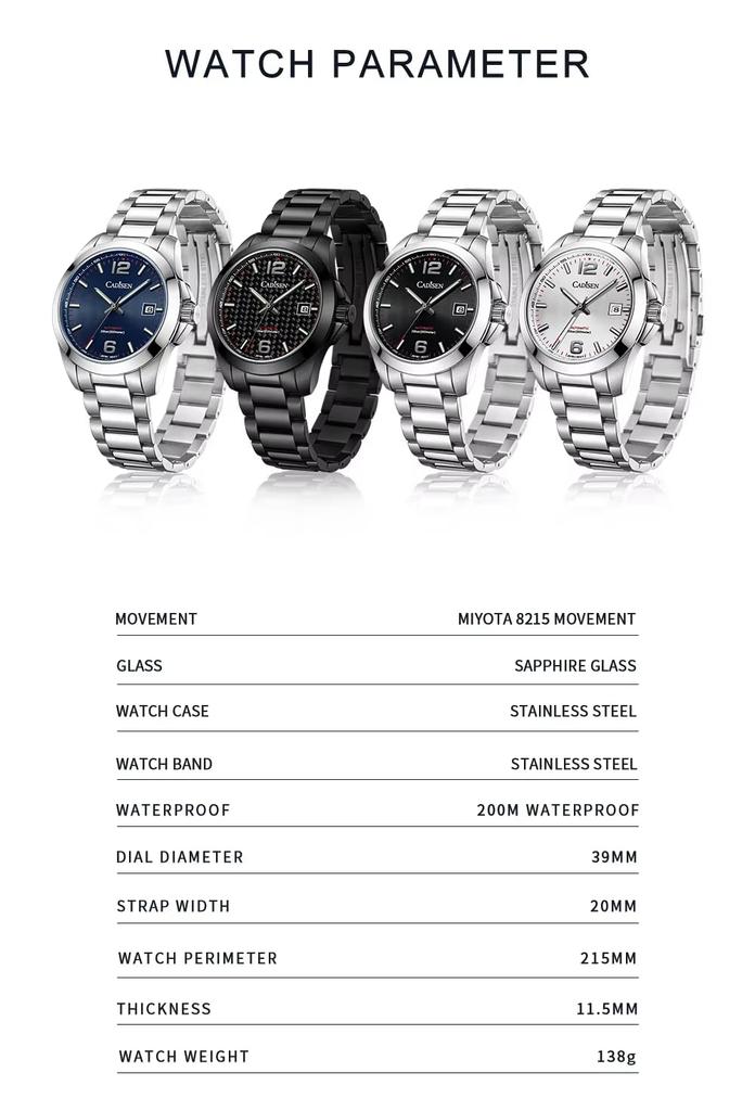 CADISEN Made In NH35 German Retro Water Resistant To 10 Mechanical Case Work Dress Stainless Sapphire Coming of Age Present C8197 Men's Watch,