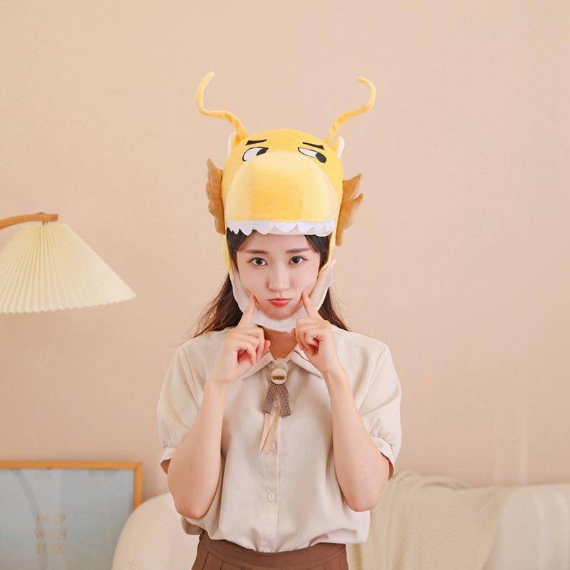 Оптовая Золотая шляпа с головой дракона для фотореквизита и выступлений, мультяшная плюшевая шляпа, талисман года)