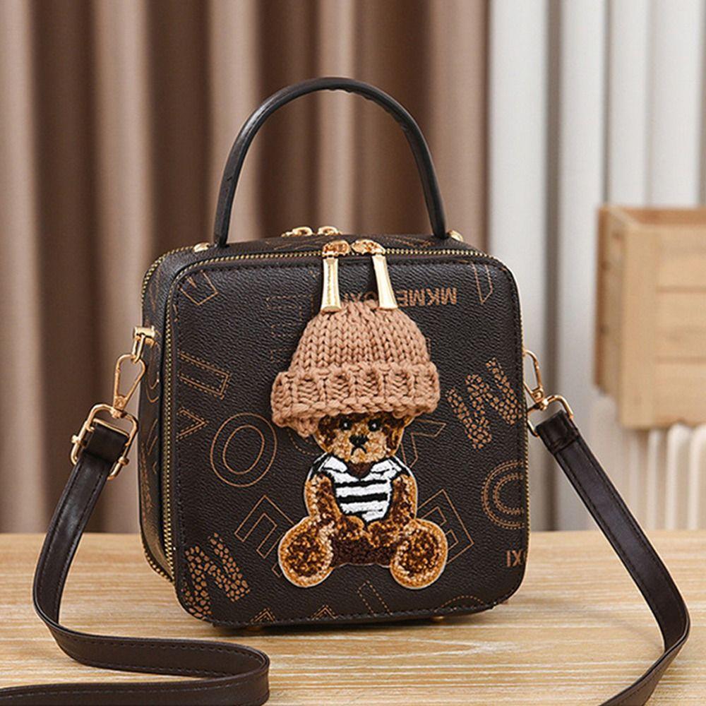 PU Leather Shoulder Bags Fashion Simple Cute Cartoon Bear Crossbody Bag Messenger Bag Women Female Small Square Bag Handbags