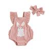 Baby Girl Easter Outfit Rabbit Fly Sleeve Overalls Romper Solid Headband 2 Pcs Spring Set