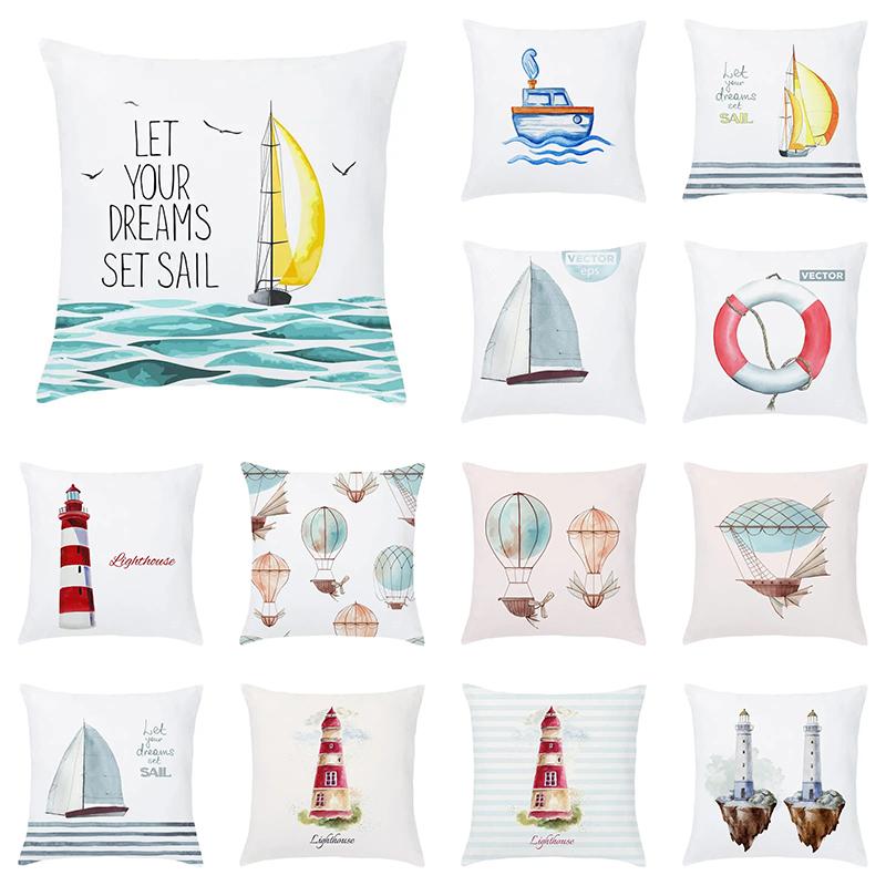 Cartoon Nautical Series Hot Air Balloon Lighthouse Print Pillow Cover Home Room Office Seat Living Room Sofa Cushion Cover