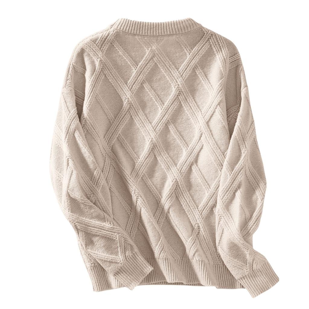 Women's Loose Round-Neck Pullover Diamond Textured Knitted Sweater Long Sleeved Tops