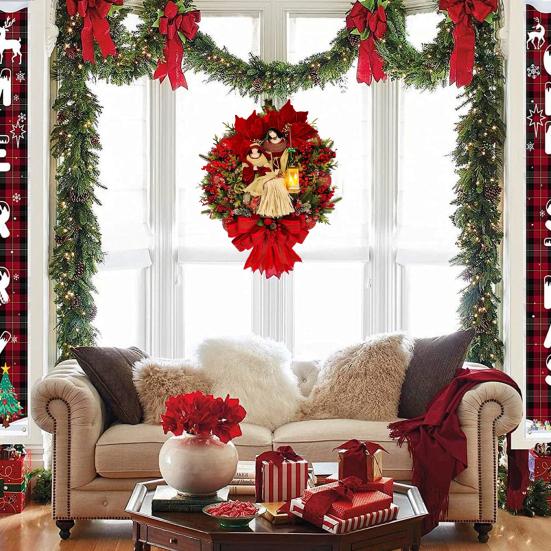 Венок Святого Семейства, рождественский венок с искусственными ягодами, шишкой, зимний религиозный венок на входную дверь с фигуркой Иисуса для дома