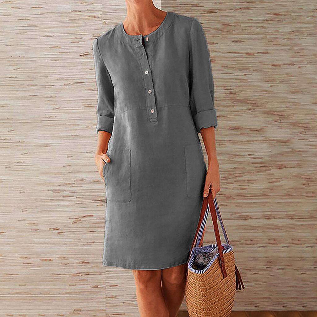 Женская мода повседневное платье-рубашка с длинным рукавом и карманом на пуговицах