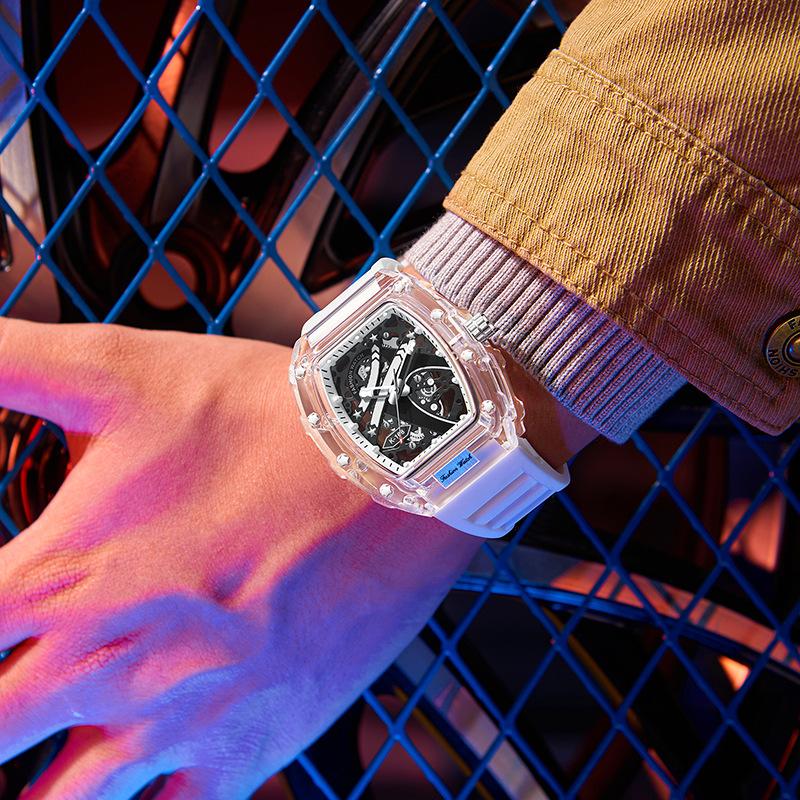 UTHAI BK145 Модные мужские часы, прозрачные кварцевые часы с полым механизмом в форме бочки, водонепроницаемые часы, подарочные часы для мужчин