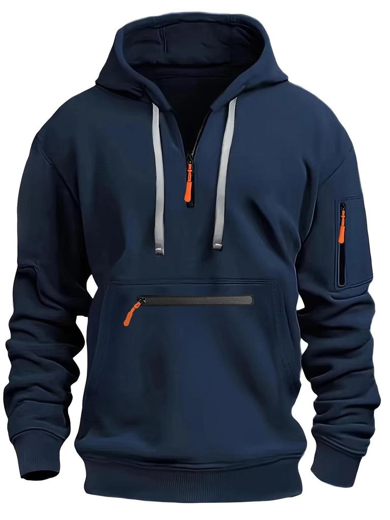 Men's Fleece-Lined Hooded Sweatshirt with Zipper and Multi-Pocket Design for Autumn/Winter Casual Sports Fashion