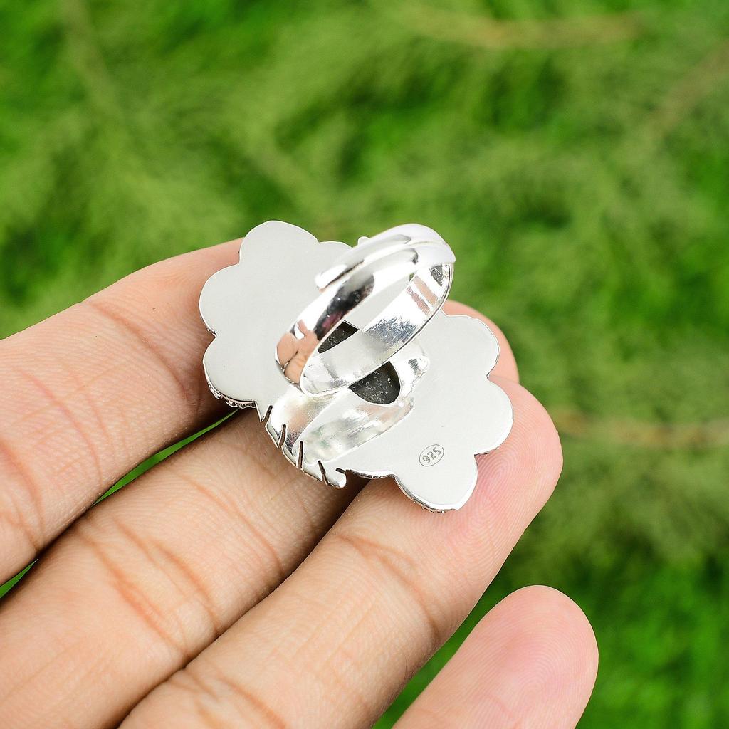 Natural Labradorite Stackable Flower Adjustable Ring 925 Silver For Women