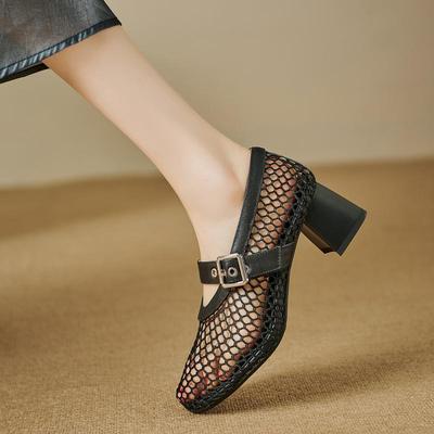 Сетчатые туфли Мэри Джейн, женские летние босоножки на высоком каблуке с ремешком из полой сетки, женские туфли с сетчатым принтом