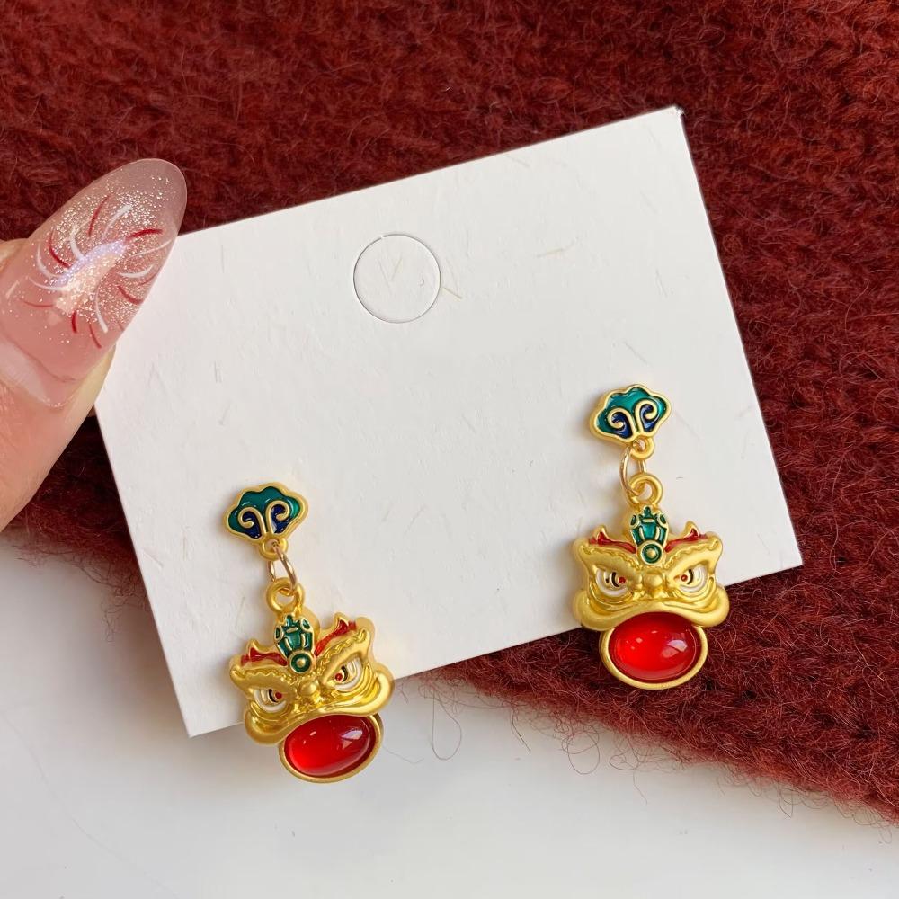 Cartoon Awakened Lion Earrings Good Luck Bell Ear Studs Lion Dance Earrings Set New Year Gift
