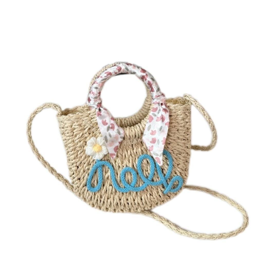 Moon Shaped Beach Straw Bag Flower Knitted Shoulder Bag Handmade Woven Underarm Bag Shopping