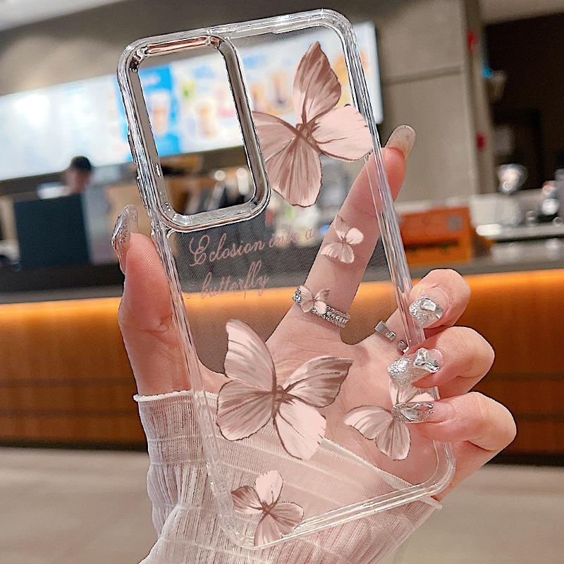 Butterfly Pattern Clear Case For Samsung Galaxy S24 S22 S23 Ultra S21 FE A35 A53 A54 A55 A15 Plating Lens Frame Soft Phone Cover