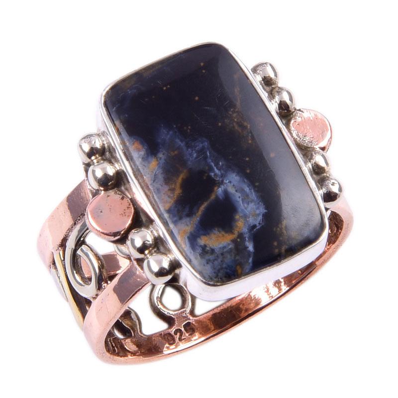 Кольцо из двухцветного серебра 925 пробы с натуральным драгоценным камнем Питерсит ручной работы S.7 f3C05