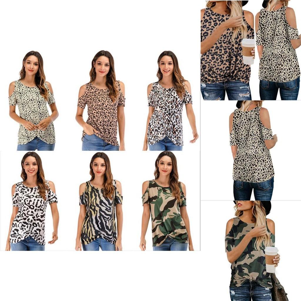 Stylish Women's Leopard Print T-shirt Featuring Cold Shoulder Design Perfect For Summer Wear