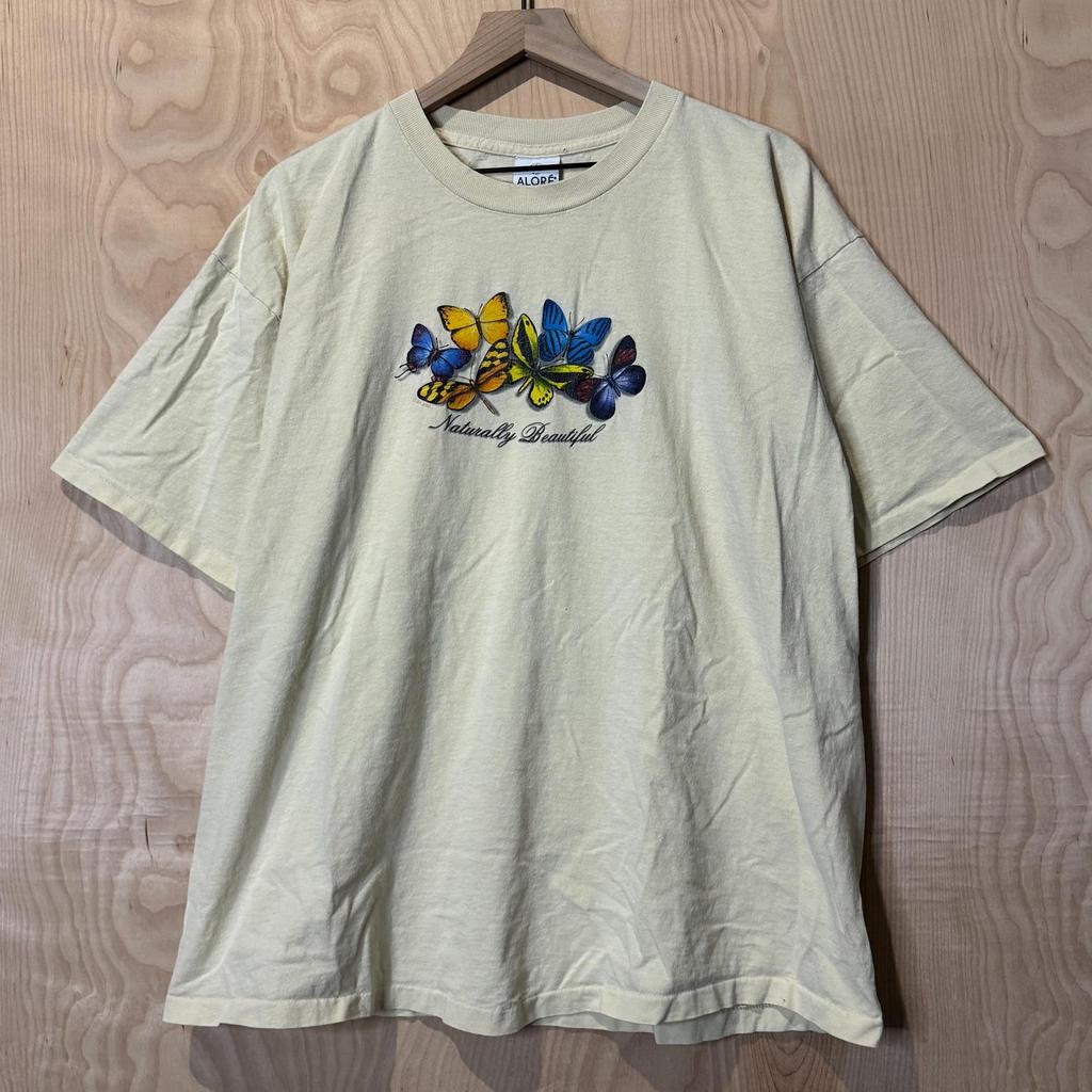 Vintage Naturally Beautiful Butterflies Graphic Pale Yellow Cotton T Shirt size XL