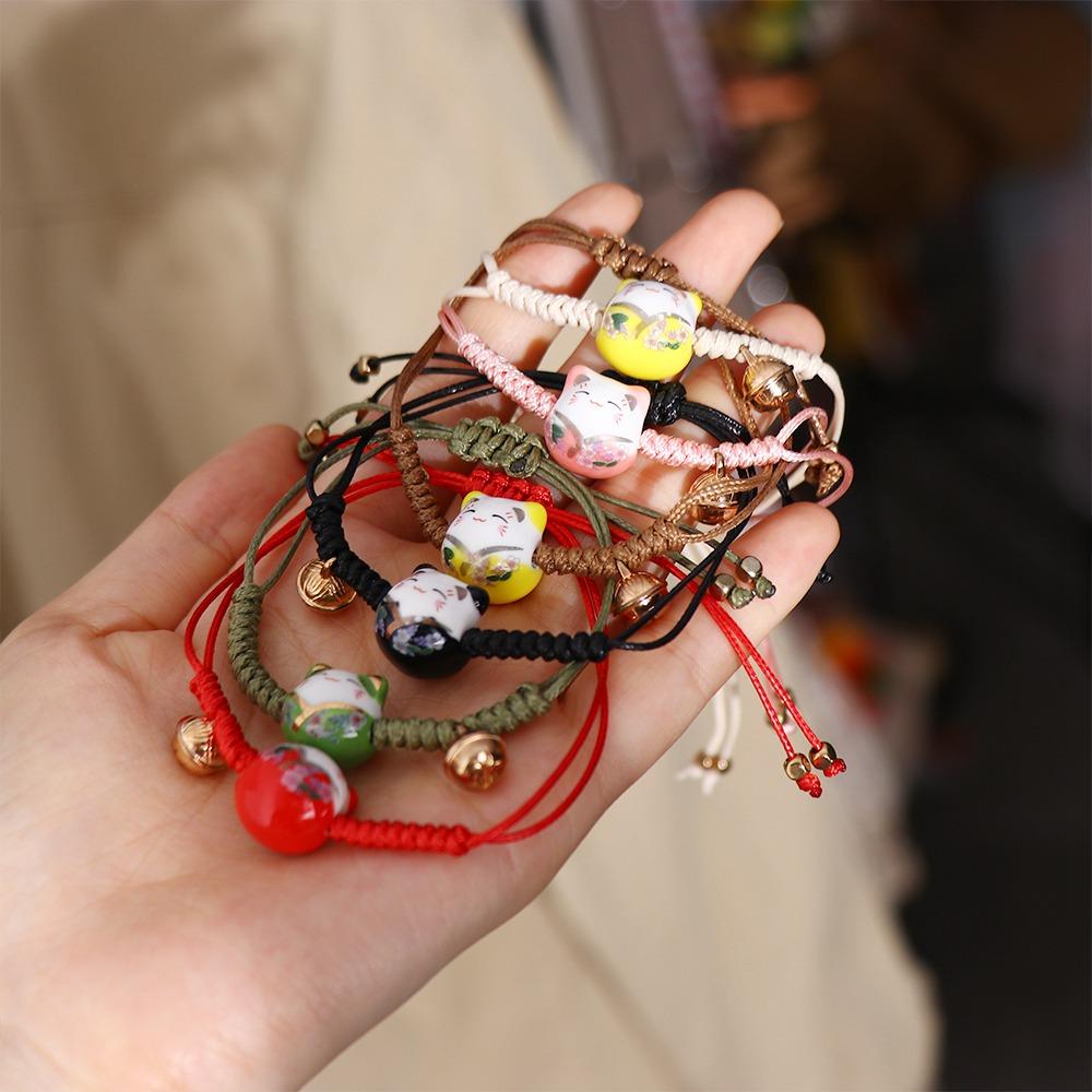 Ceramic Cat Pendant Chinese Style Jewelry Red Braided Rope Women Hand Ring Maneki Neko Bracelet