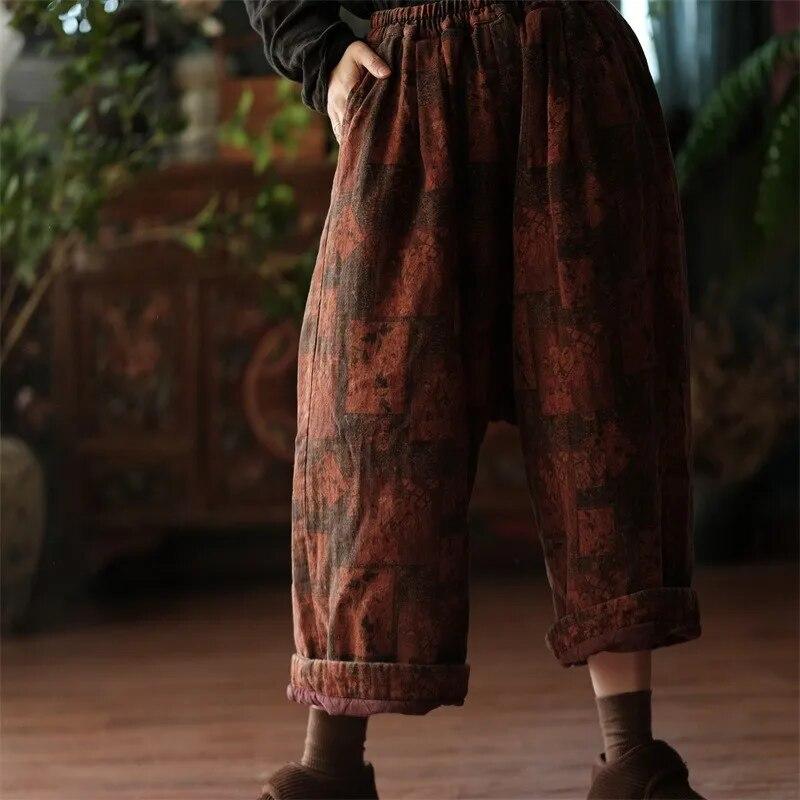 Johnature Женские зимние теплые широкие брюки с цветочным принтом и эластичной резинкой на талии плюс хлопковые брюки винтажные женские длинные брюки