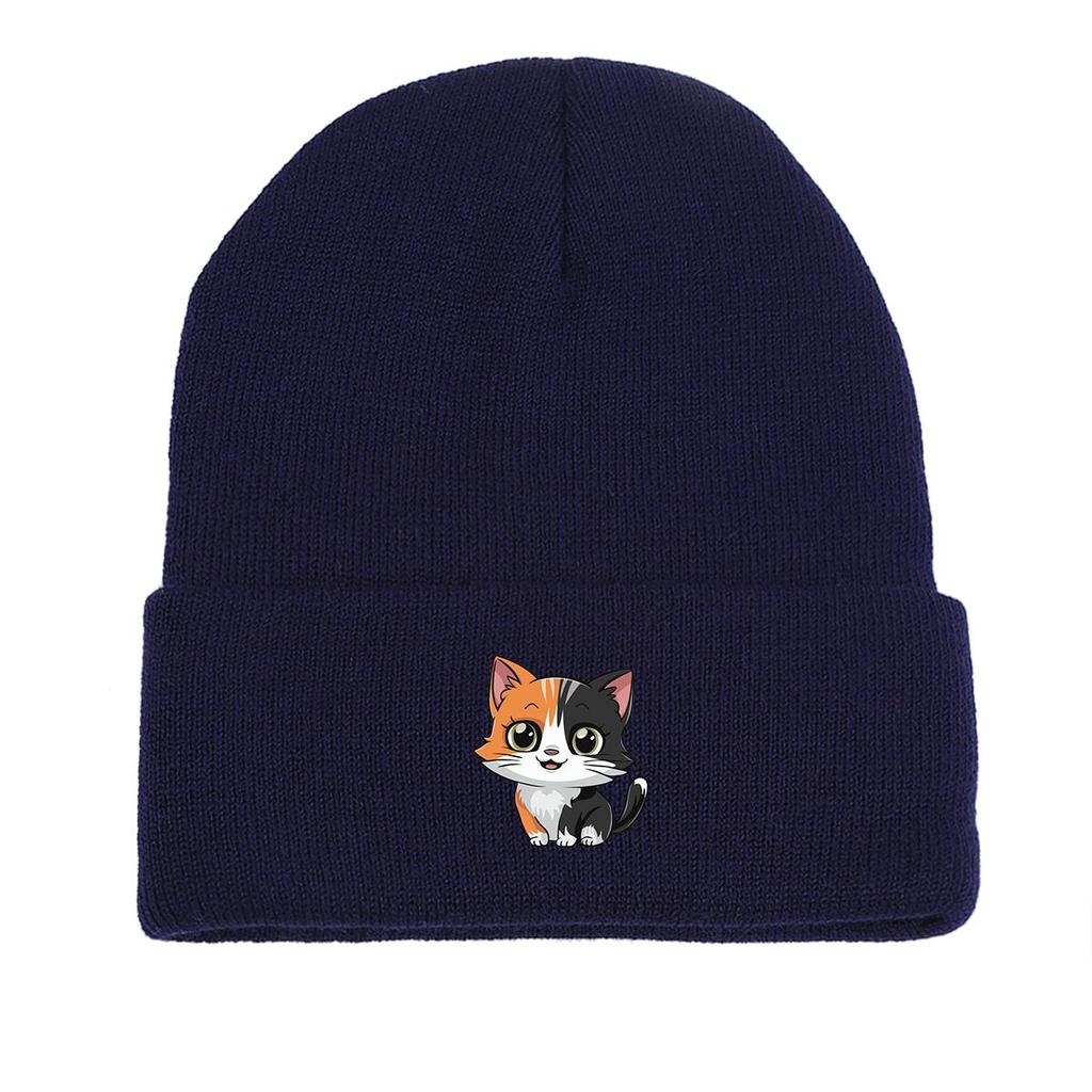 Cat Print Knitted Cap Beanie, Animal Woman Cap Lightweight Thermal Sporting Headwear Knit Hat Beanie