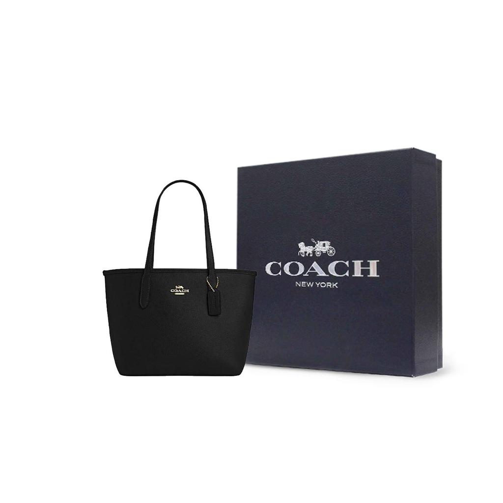 Coach Город 23 Металлический Логотип Застежка-Пряжка Кожаная Сумка-Тоут Женские Сумки-Тоут Черный CT859-IMBLK