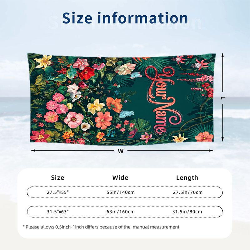 Floral Artwork 5 Theme Quick Dry Beach Towel Custom Name Text Print Large Sand Resistant Towel Beach Vacation