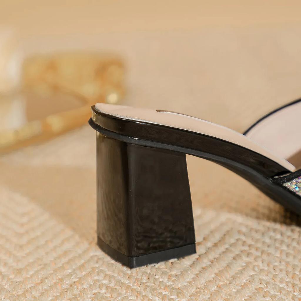 2024 New Summer Baotou Half Slippers Women's Pointed Toe High-heeled Mules Sandals Woman Rhinestone Bow-knot Wedding Party Pumps