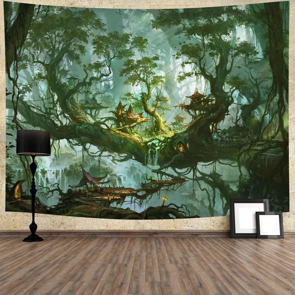 Fantasy Forest Landscape Tapestry Flowers and Plants Misty Tree Hole Tapestry Wall Art Hanging Cloth Room Home Decoration