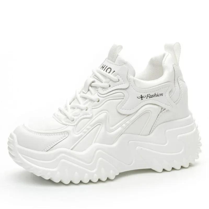 Fashion 8CM Women Platform Comfy Skate Boarding Autumn Chunky Sneakers Mixed Color Vulcanize Fashion Spring Genuine Leather Wedge Shoes