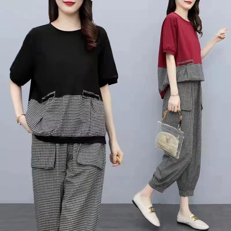Женский летний клетчатый костюм Literary Splicing, свободный топ + рабочие брюки, комплект из двух предметов