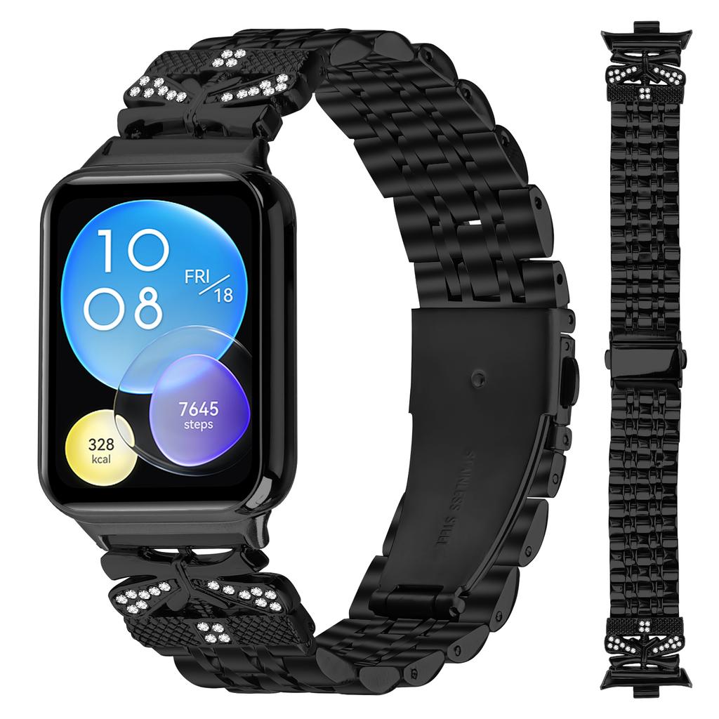 Metal Watch Band for Xiaomi Smart Band 9 Pro/8 Pro Rhinestone Butterfly Decor Stainless Steel Wrist Band