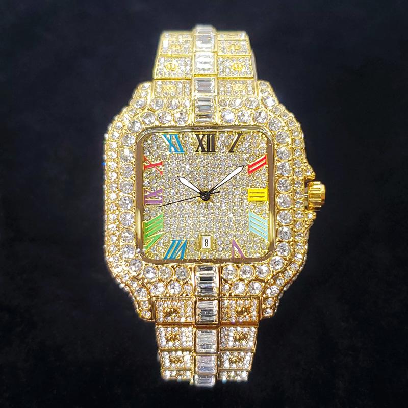 New Luxury Diamond Watch Men Fashion Bling Iced Out Square Quartz Watches Rap Hip Hop Rose Gold Relogio Masculino for Party