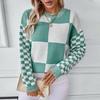 Vintage Grid Pattern Knitwear Cardigan Sweater Long Sleeve O Neck Loose Top for Autumn Winter