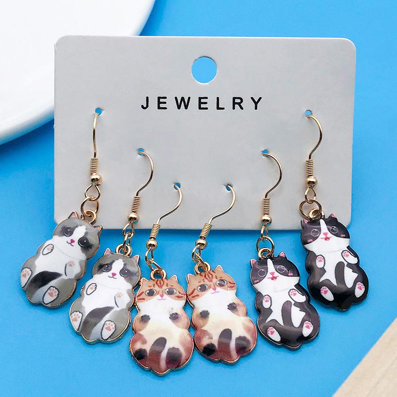 Эксклюзивный набор модных серег из сплава с мультяшным принтом котенка