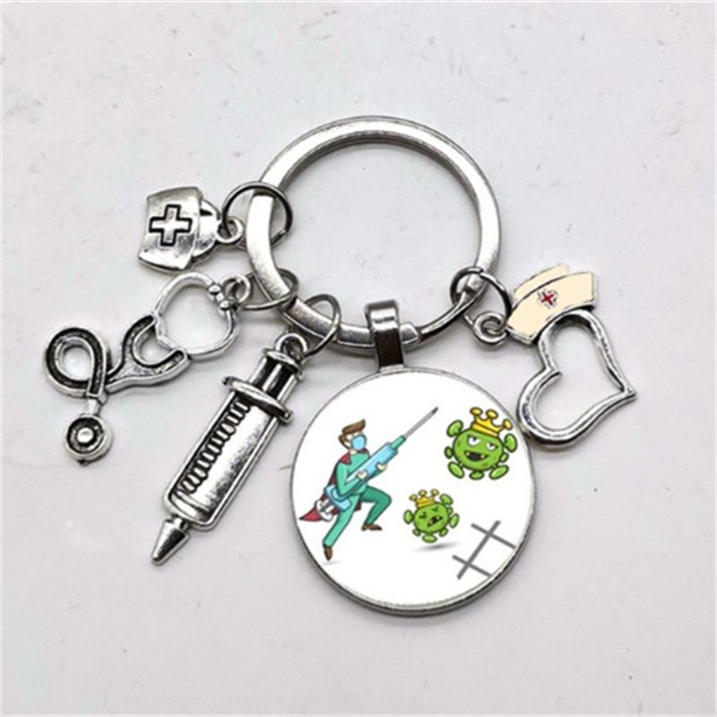 1Pc Nurse Medical Syringe Keychain Glass Key Ring Pendant Stethoscope Pattern Keychain Gift