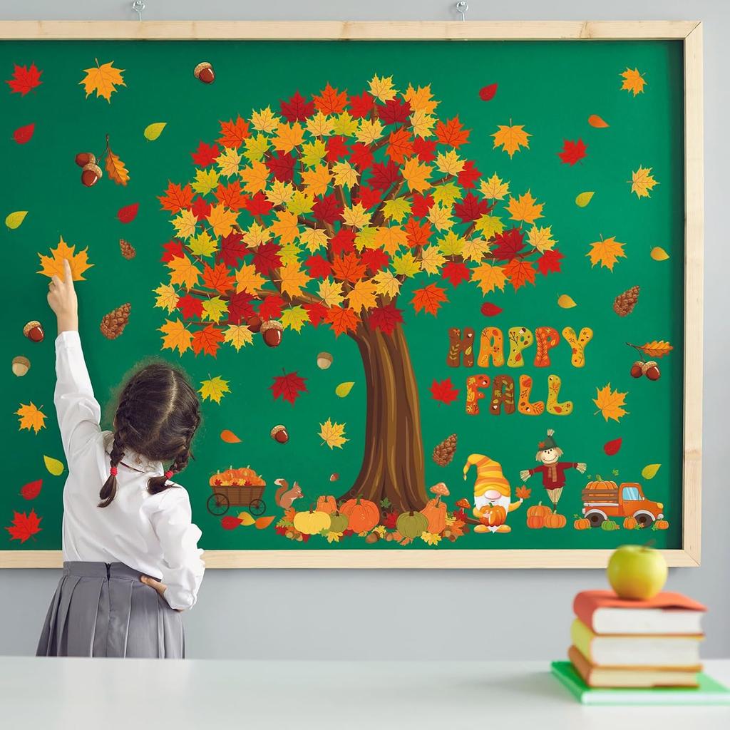 Chivertion 150 Pcs Thanksgiving Happy Fall Bulletin Board Decorations Fall Tree Bulletin Board Set Pumpkin Maple Leaves Scarecrow Cutouts Autumn