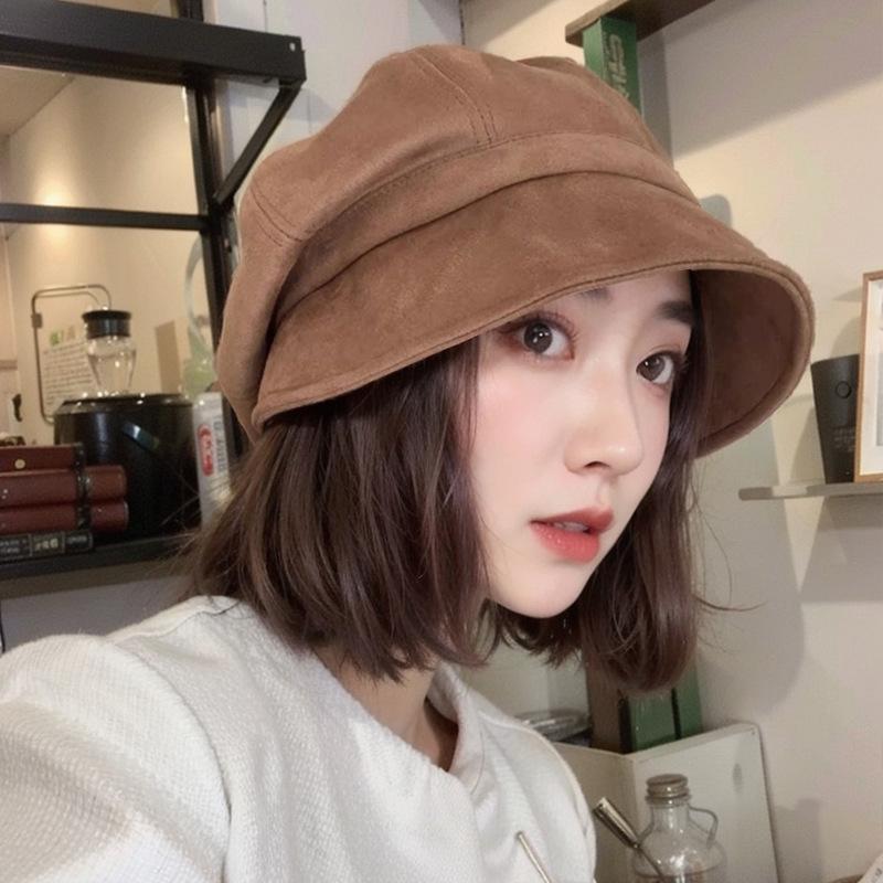Hat Women's Autumn and Winter Literary Retro Versatile Suede Cold Hat Showing Face Small Octagonal Hat Japanese Fisherman Hat